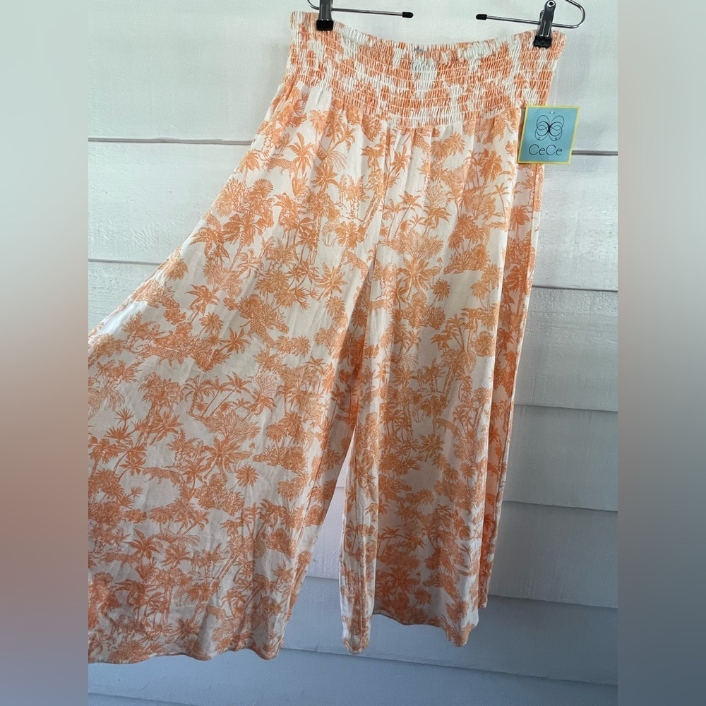 CeCe Womens Super Wide Leg Linen Blend Orange Patterned Pants Boho Size L NWT